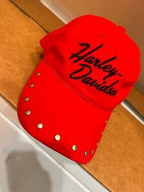 Harley-Davidson Women's Red Cap with Black Script and Silver Studs